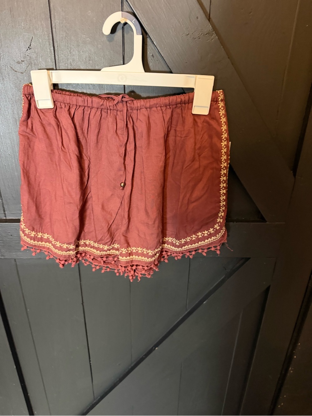 Angie Rust Red Embroidered Tassel Trim Shorts